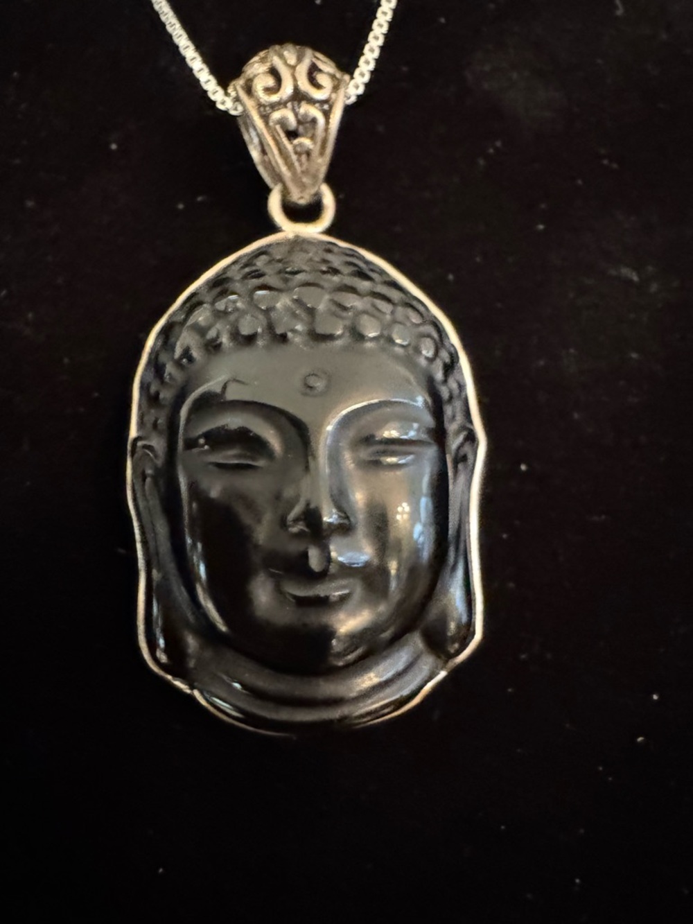 Genuine Black onyx Buddha Head Pendant Necklace sterling silver with chain